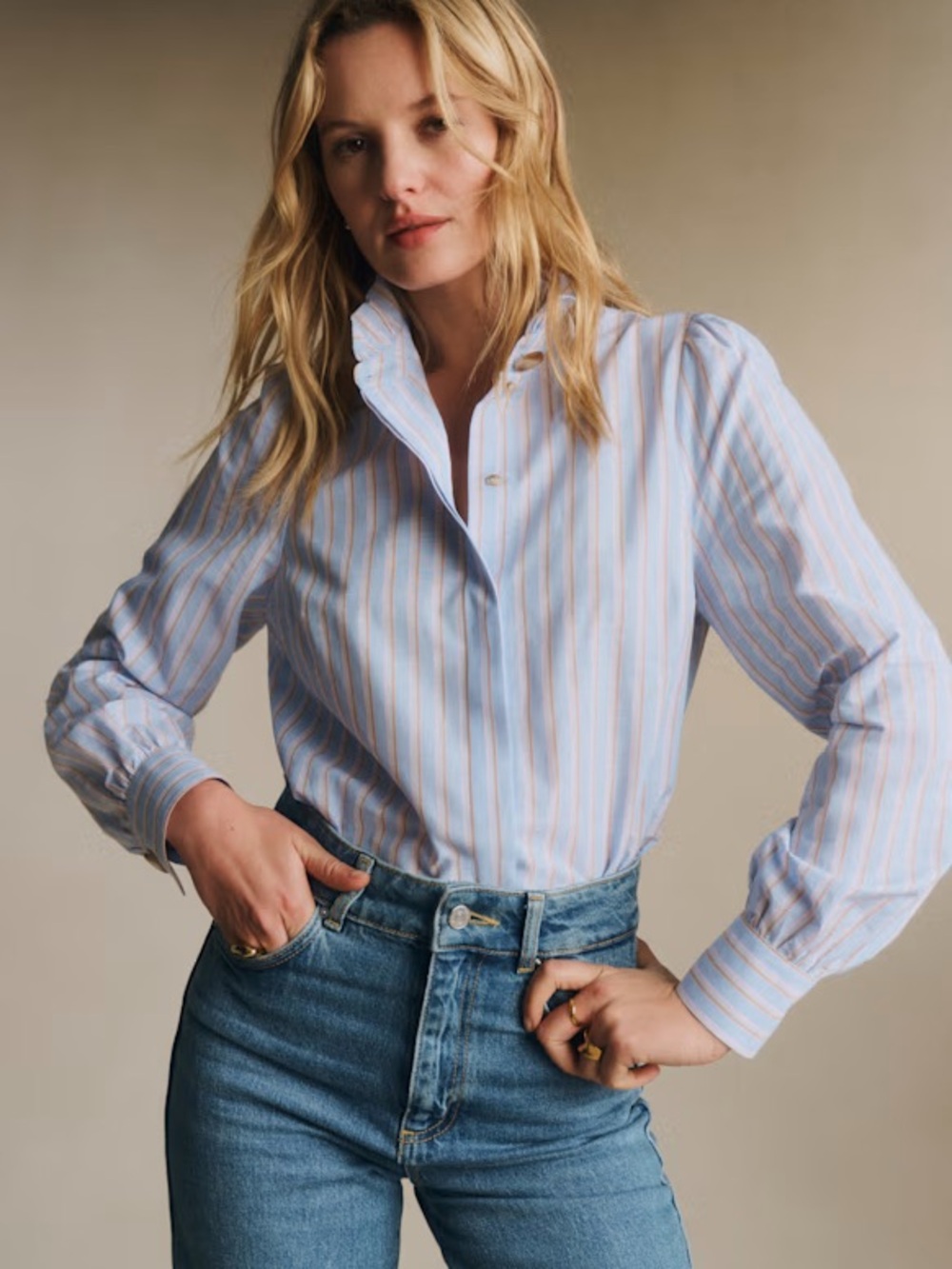 Sezane Ambre Blue yellow Striped Button-Down Shirt 100% organic cotton